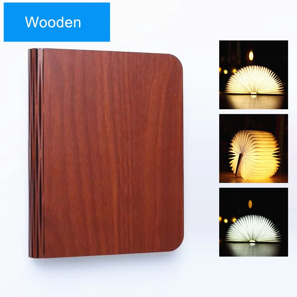 Wooden Книжный светильник, кожаная/деревянная складная книжная лампа, ночной Светильник USB Перезаряжаемый светильник в форме книги, светодиодная настольная лампа для декора, креативный подарок - Испускаемый цвет: Wooden