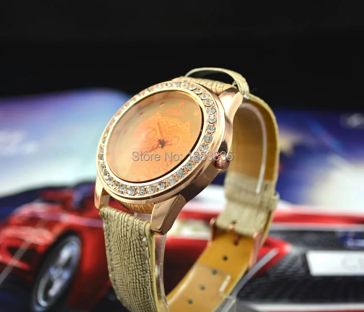 Leather watch roll 2014 wholesale fashion owl womens embed rhinestone Rose gold leather analog quartz free shipping|watch calendar|watch dualwatch