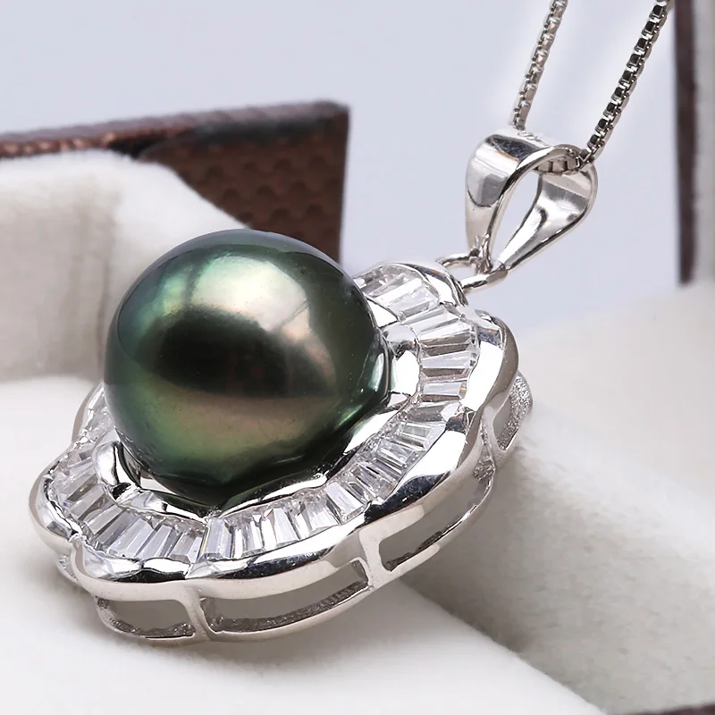 JYX 11.5mm Peacock Green Tahitian Pearl Pendant Necklace South Sea Cultured in 925 Sterling Silver with Zircon 18&quot | Украшения и