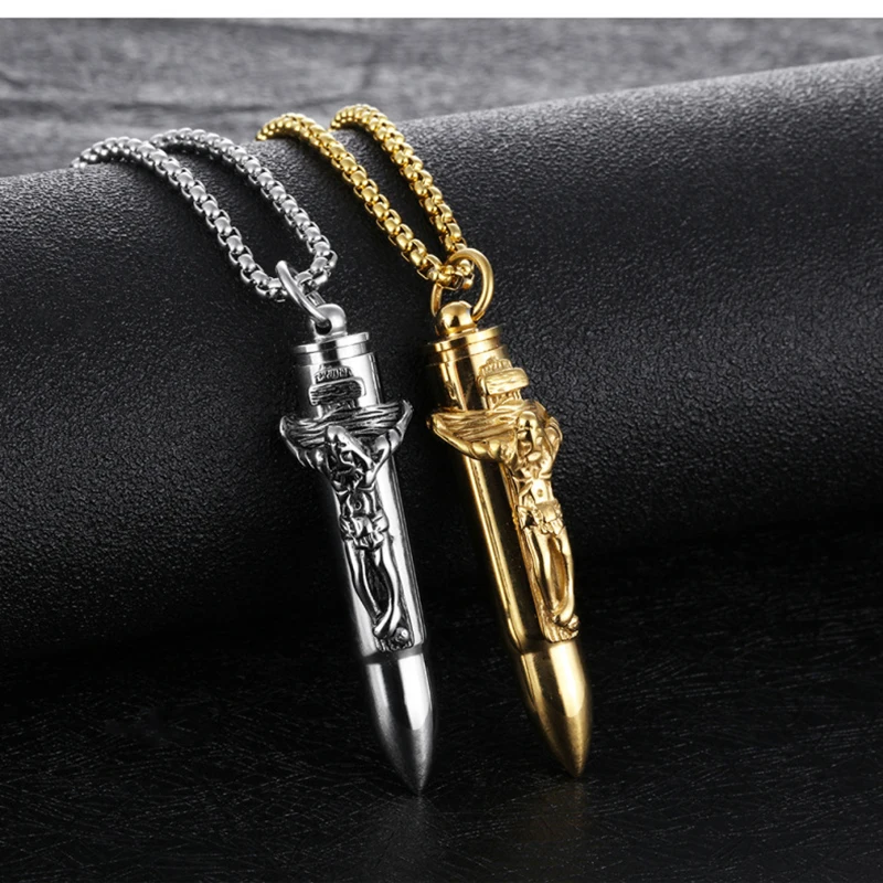 Hip Hop Rock INRI Cross Crucifix Jesus Bullet Pendants Necklace Gold Color 316L Stainless Steel Men Jewelry Drop Shipping | Украшения и