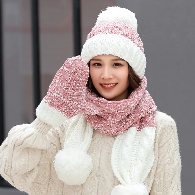 white Женская зимняя теплая мягкая шапка, шарф, перчатки, набор, однотонный, Повседневный, белый, розовый, с помпоном, шапочка, шапки для девочек, милые модные зимние аксессуары - Цвет: white