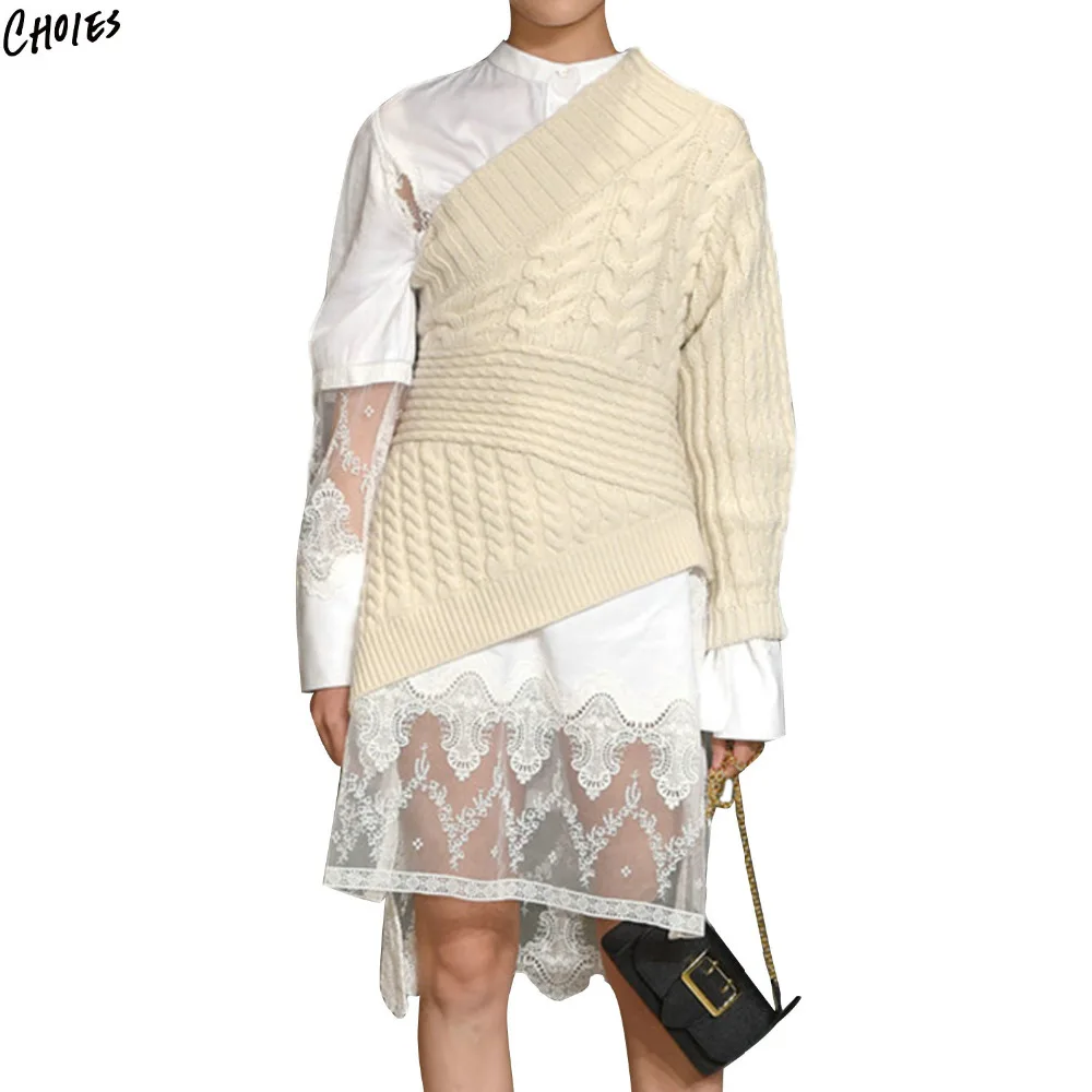 Beige One Shoulder Asymmetric Hem Cable Knitted Sweater Women Brand Fashion Irregular Neck High Street Novelty Top | Женская одежда