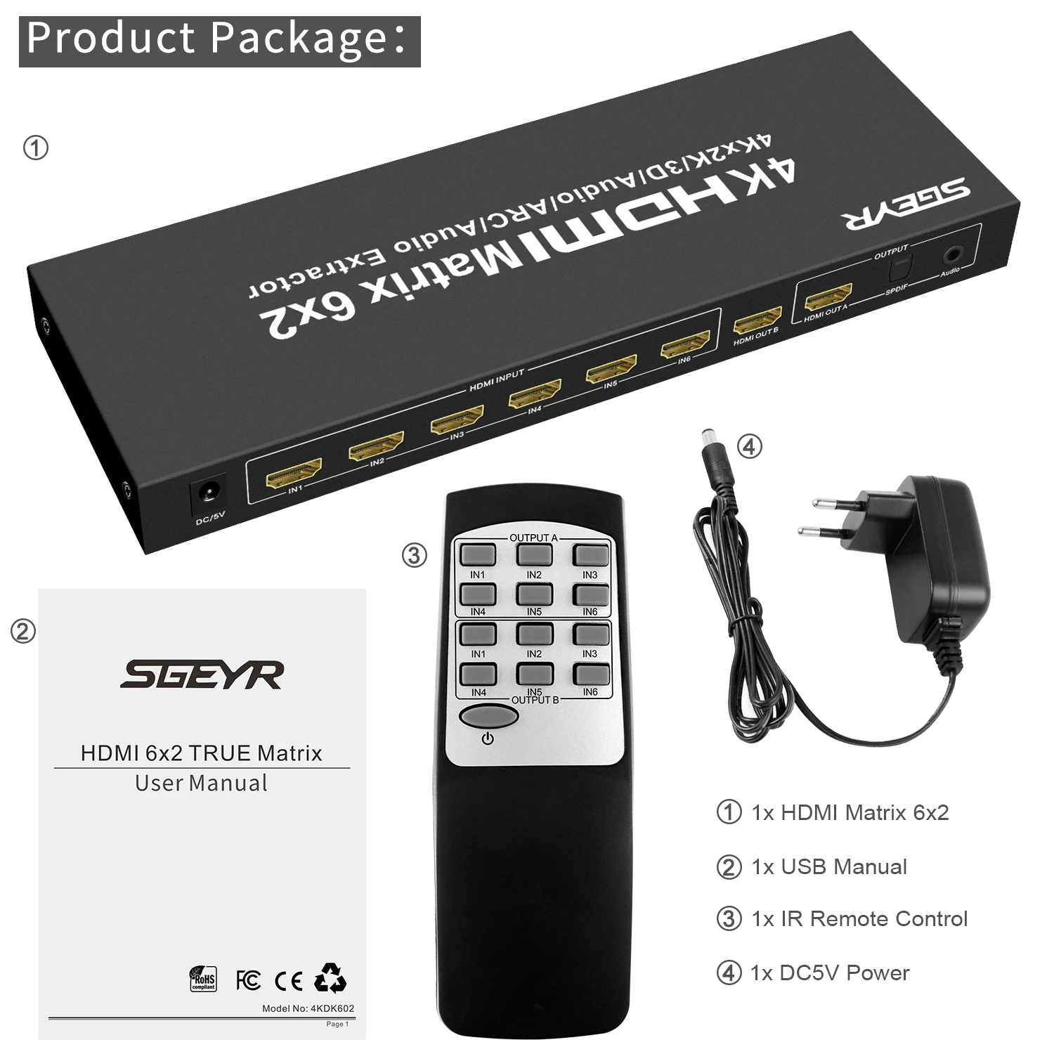 6x2 HDMI матричный коммутатор 4K x 2K 6 in 2 out HDMI Матричные мониторы сплиттер коммутатор с пультом дистанционного управления SPDIF+ 3,5 мм аудио экстрактор