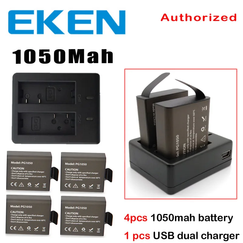 EKEN 4 шт. аккумулятор + двойное зарядное устройство для экшн камеры H9 H8PRO H8R H8 pro V8S