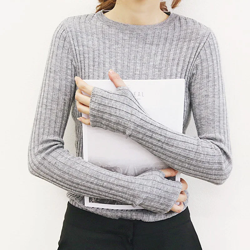 Women Sweater Pullover Basic Rib Knitted Cotton Tops Solid Crew Neck Essential Jumper Long Sleeve Sweaters With Thumb Hole | Женская
