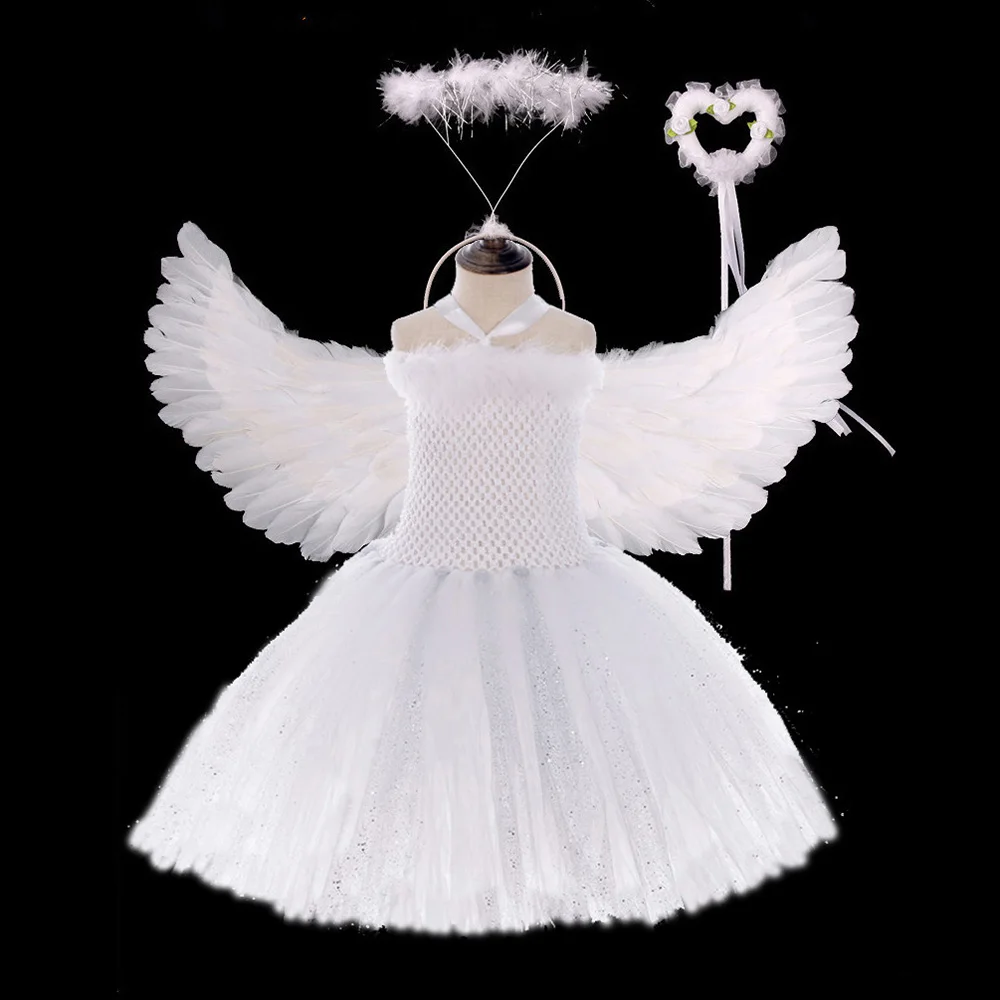 White Swan Lake Ballet Dress Fairy Girls Feather Glitter Sparkling Evening for Kids Angel Cosplay Party Tutu Vestido | Детская одежда и