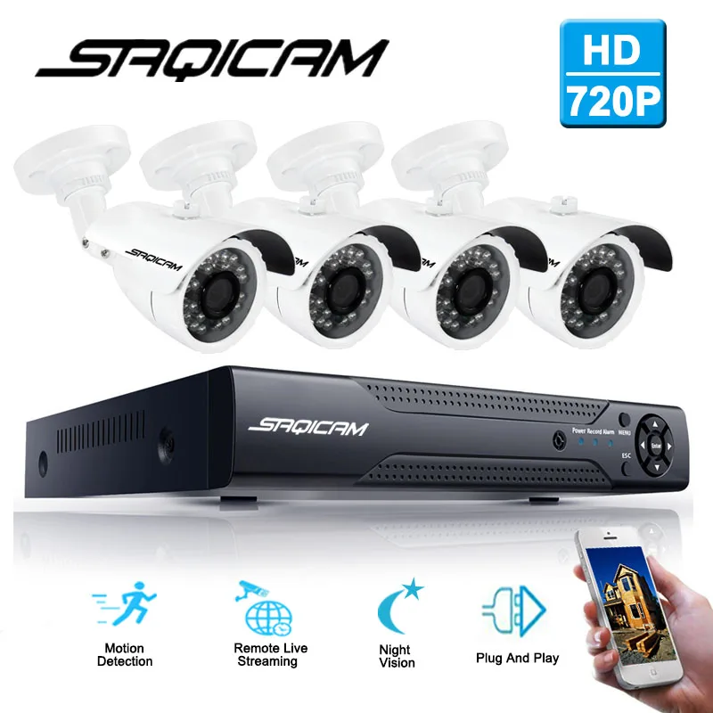 Saqicam 4CH CCTV камера система 1080N DVR 4 шт. 720P Крытый/Открытый 1.0MP 1200TVL Всепогодная