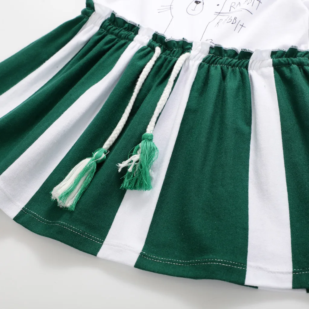 Toddler Kid Baby Girl Striped Rabbit Bunny Letter Printed Casual Dress Clothes Tassel Sashes Patchwork Green Red | Детская одежда и
