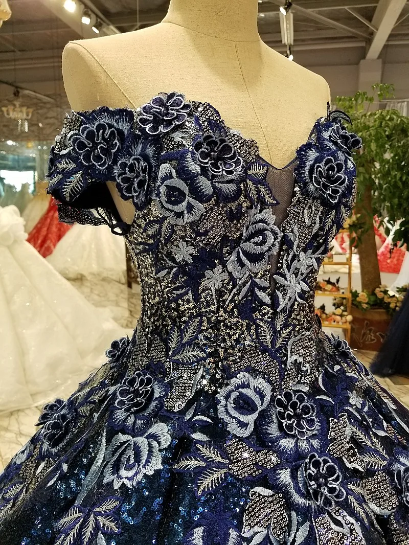 

Women off-the-shoulder draped ball gown embroidery sequined navy blue wedding dress floor length abito da sposa 2018