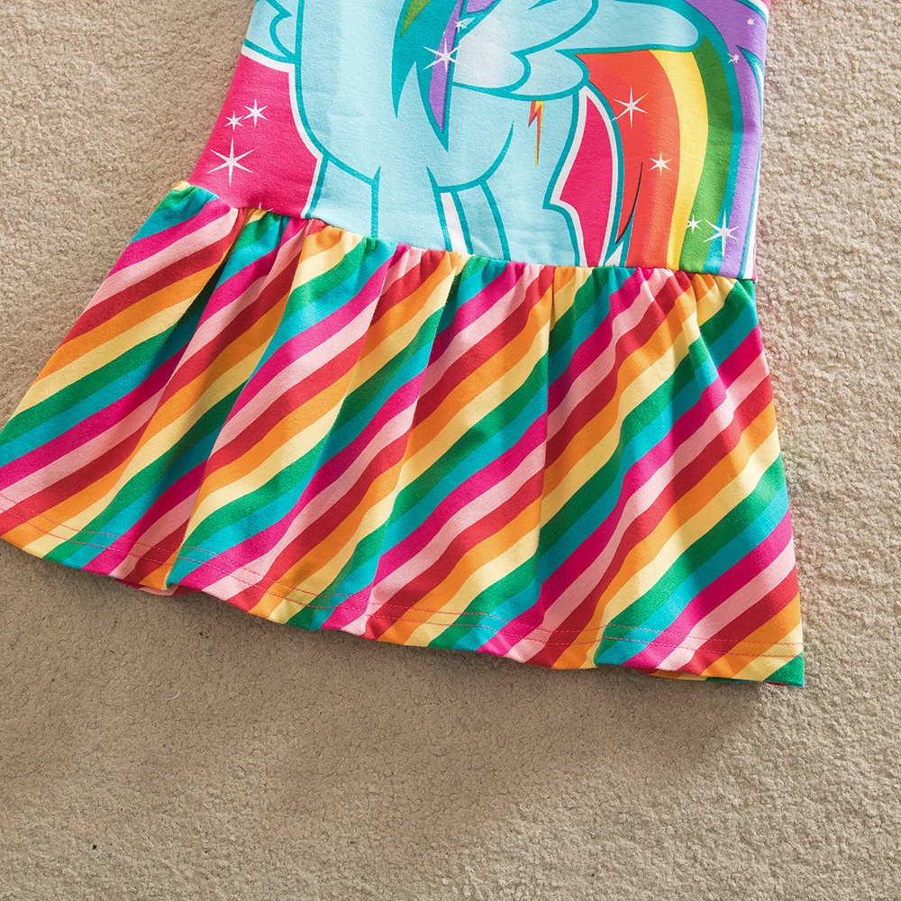 JUXINSU My Baby Girl New Summer Little Pony Short Sleeve Dresses Cartoon Cotton Rainbow Stripes for 1-8 Years | Детская одежда и