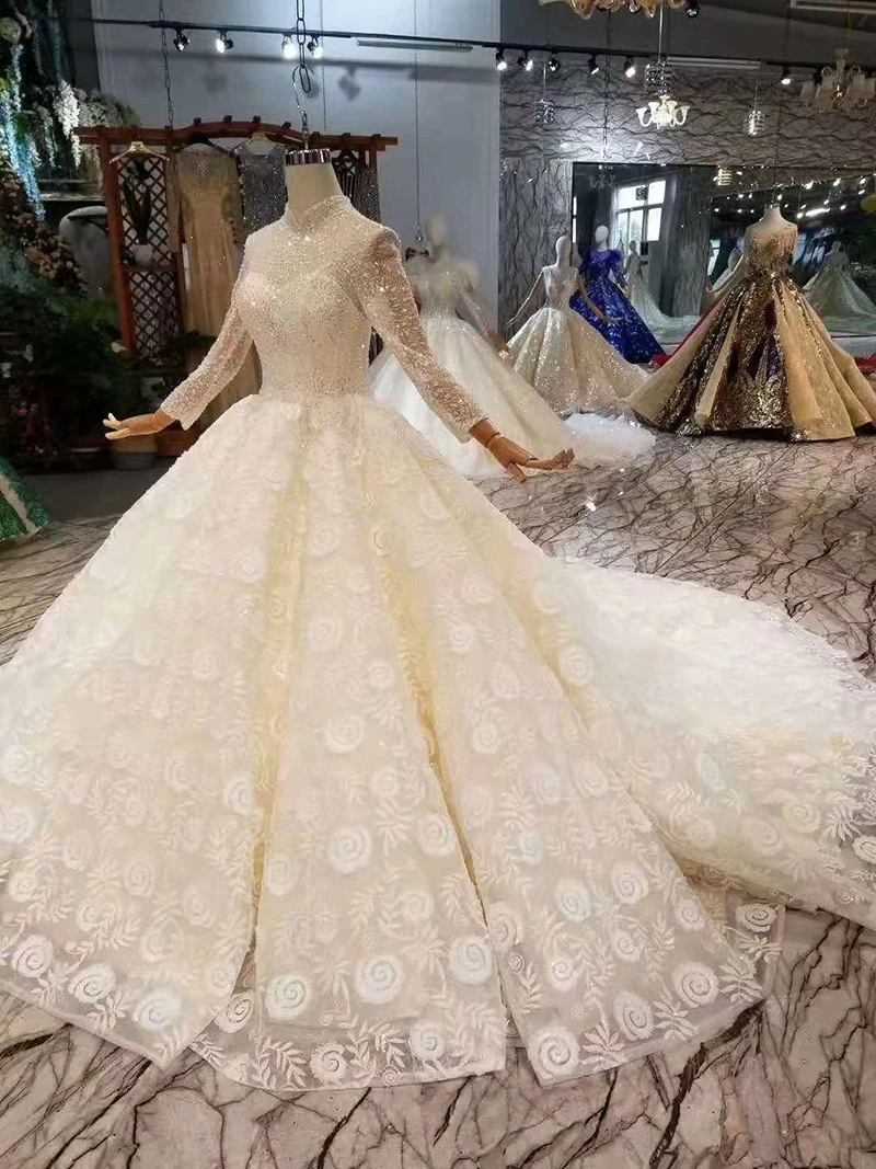 LSS439 мусульманские свадебные платья с высоким воротом и длинными рукавами из тюля