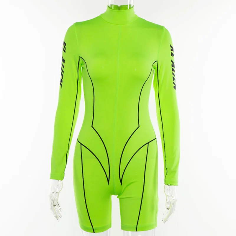 Neon Green Saimishi неоновая зеленая водолазка на молнии сзади с буквенным принтом Комбинезон для фитнеса с длинным рукавом обтягивающие спортивные короткие комбинезоны - Цвет: Neon Green