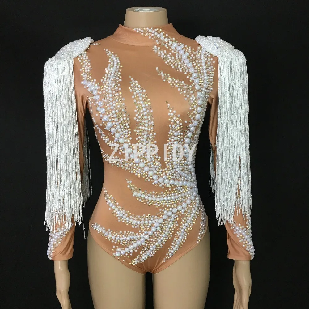 Fashion Flashing Stones Pearls White Tassel Spandex Bodysuit Female Singer Costume Nightclub Party Show Women's Dancer Oufit