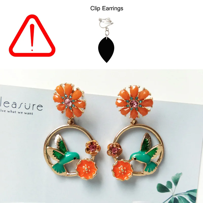 orange clip earring Разноцветные серьги-клипсы в виде цветка розы с натуральным лесом, без отверстия, для пирсинга, Хрустальная Птица на ветке, клипсы, серьги без пирсинга - Окраска металла: orange clip earring