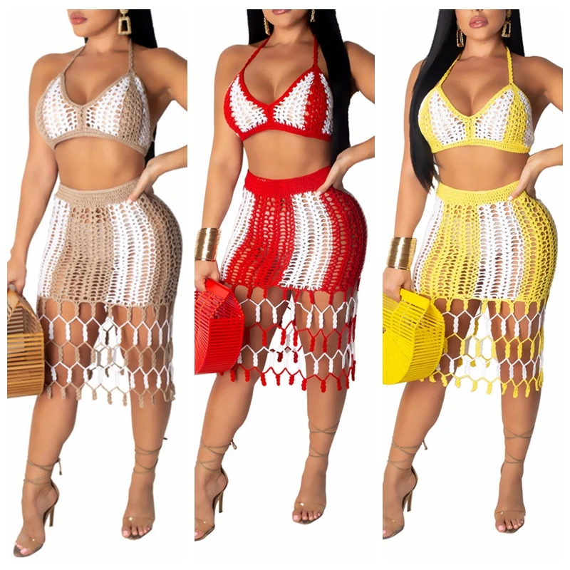 2PCS/SET Beach Cover ups New Crochet Top+Tassel Skirts Hollow Out Bikini Swimsuit Bathing suit cover ups Beachwear