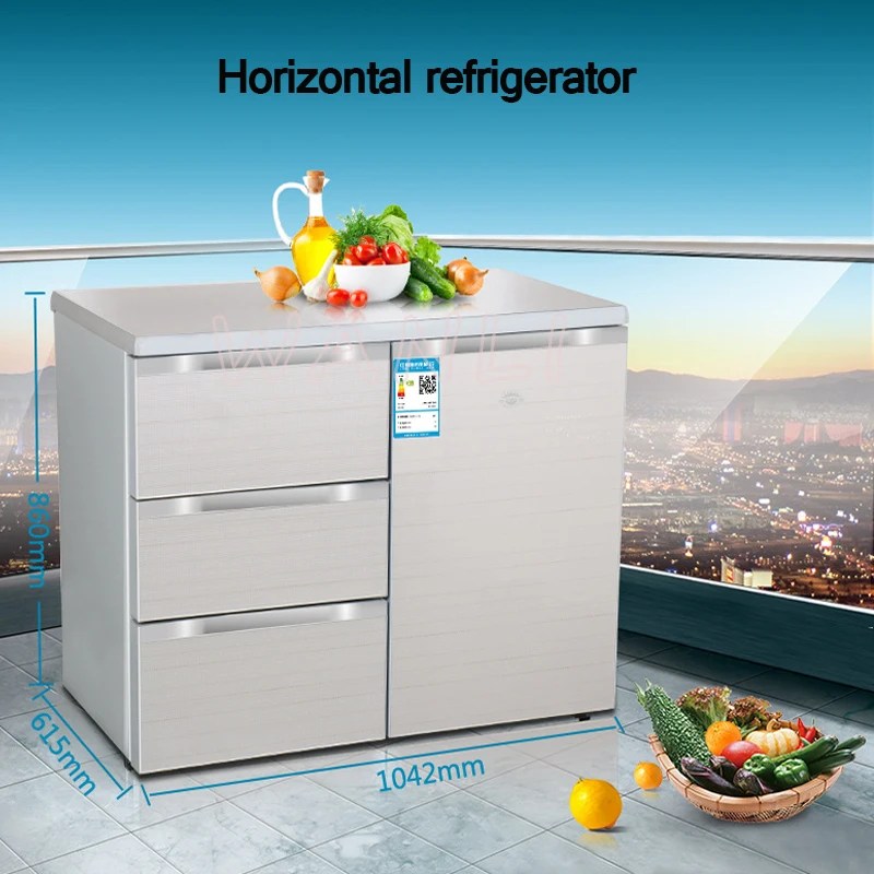 220 V 130 W 210L бытовой горизонтальный холодильник, кухонная консоль с тремя ящиками, холодильник с открытой дверью