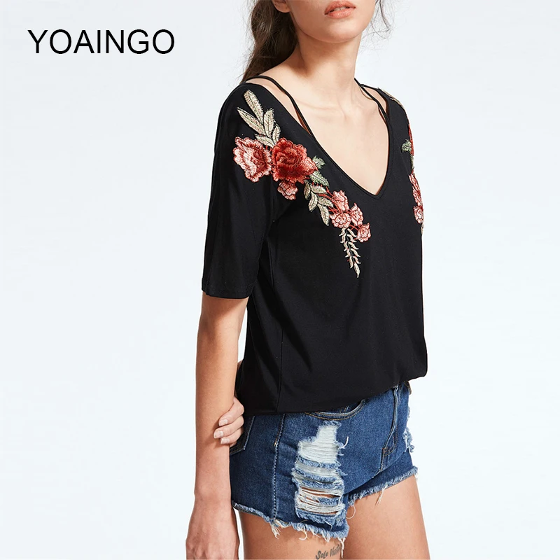 2017 Новая мода тонкий вышивка футболка старинные Strappy женский черный роза патч