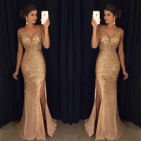luxury long evening dresses 2019 mermaid v neck crystals beads sexy backless champagne african women formal prom party gowns