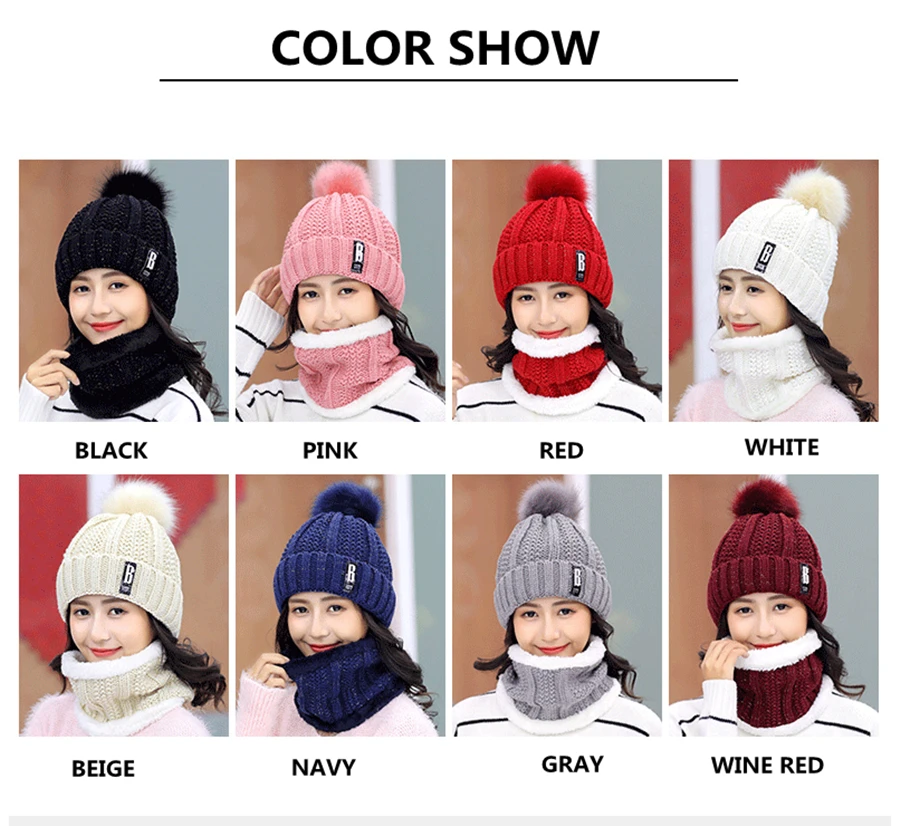 New Brand Winter knit Beanies Hat Women Thick Warm Beanie Skullies Hat Female Letters Bonnet Beanie Caps Outdoor Riding Sets Bib