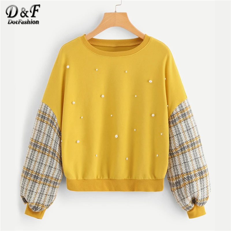 Dotfashion, желтая, украшенная жемчугом, с заниженным плечом, клетчатая толстовка, женская одежда, осень, женские модные повседневные пуловеры