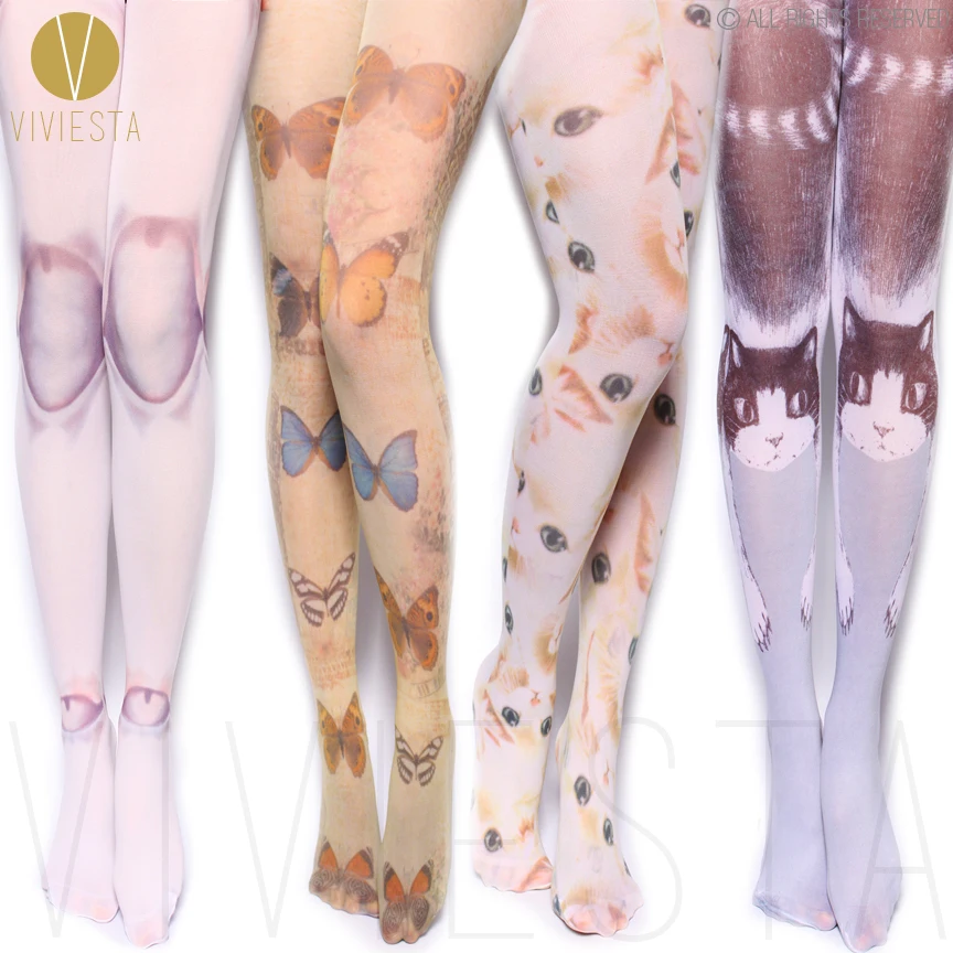 3D PHOTO PRINTED OPAQUE TIGHTS - 80D Women's Cute Japan Street Style Fashion Colorful Cat Kitten Butterfly Illusion Pantyhose | Женская