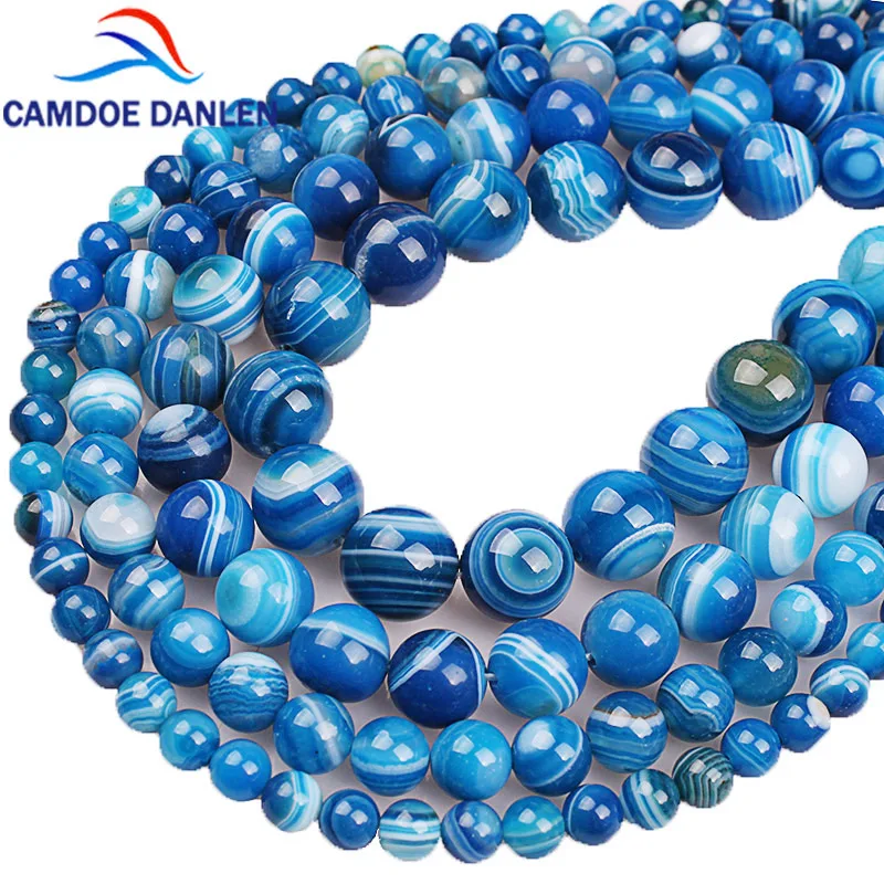 Бусины из натурального камня высшего класса с голубым ониксом в полоску Агаты
