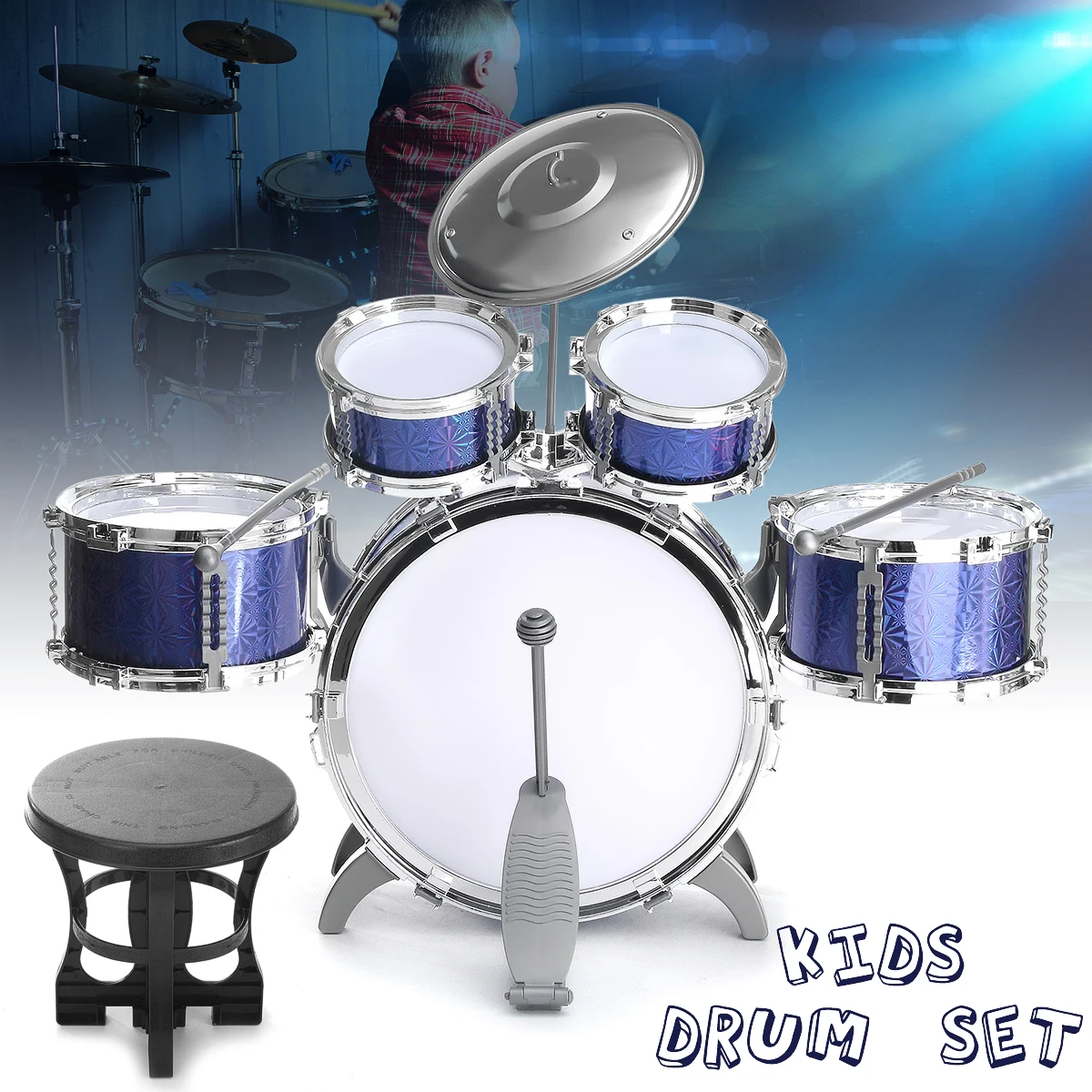 Синий Drum Set Комплект Детские музыкальные развивающие инструмент с табурета палочки тарелки подарок перкуссий подарок для детей