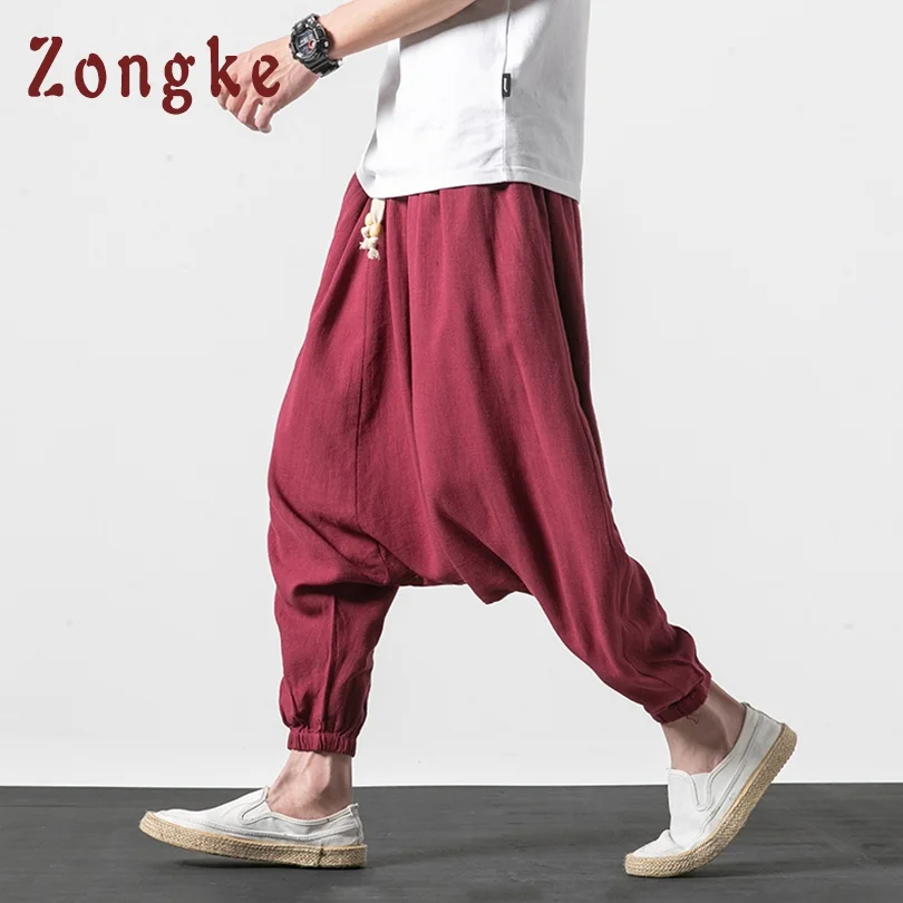 Wine Red Zongke уличная одежда из хлопка и льна, мужские брюки, мужские брюки для бега, хип-хоп спортивные штаны, джоггеры, брюки карго для мужчин, новинка - Цвет: Wine Red