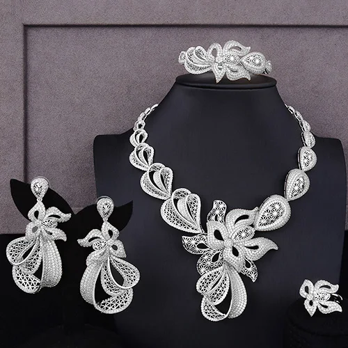 Silver GODKI Luxury Trendy Flowers Nigerian Jewelry sets For Women Wedding Cubic Zircon CZ Dubai Gold Bridal Jewelry Set - Окраска металла: Silver