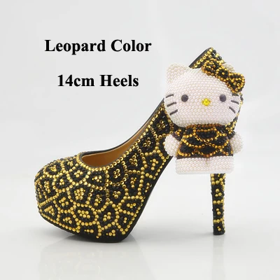 Leopard 14cm Heels Свадебные туфли с леопардовым принтом, золотистого и черного цвета, украшенные стразами; свадебные модельные туфли на платформе; обувь для выпускного вечера; большие размеры 11 - Цвет: Leopard 14cm Heels