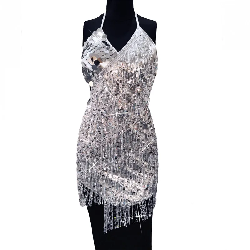 silver dress FestivalQueen блестящее мини-платье с лямкой на шее, блестящая бахрома, кисточка, золочение, сценическое платье с открытой спиной для латинских танцев для женщин - Цвет: silver dress