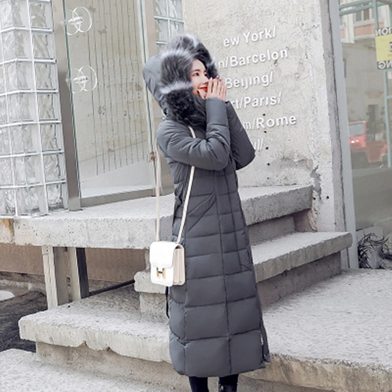 Парки Женская одежда 2018 Длинные выше колена с меховым воротником большого