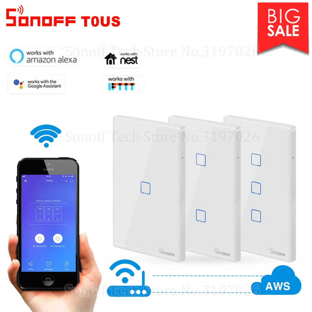 Itead Sonoff T0US 120 Размеры 1/2/3 TX настенных выключателей Дистанционное управление переключатель Wi-Fi с границы работает с Alexa Google Home