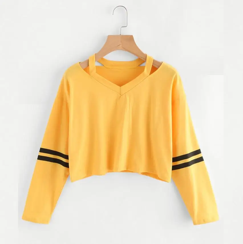 Yellow Укороченная Женская толстовка, модные толстовки, осенняя Повседневная Толстовка с длинным рукавом и v-образным вырезом, повседневные женские топы, sudaderas mujer - Цвет: Yellow