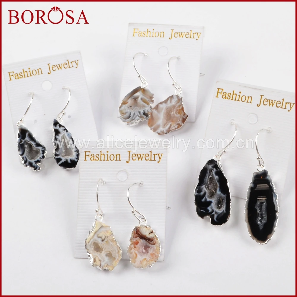 

BOROSA 5Pairs Silver Color Natural Agates Druzy Slice Dangle Earrings Jewelry Natural Drusy Quartz Drop Earrings for Women S0516