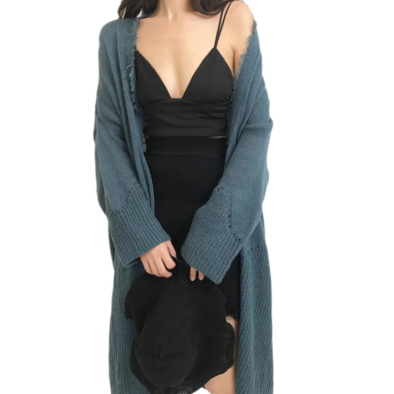 

Осенний свитер, свободное вязаное пальто с рукавами летучая мышь, корейский длинный Тренч, Женский вязаный кардиган