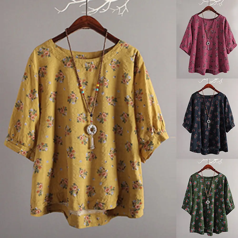 Brand New Women Blouse Fashion Hot Short Sleeve Print O Neck Casual Loose Cotton Tops Irregular Female Wear 2019 | Женская одежда