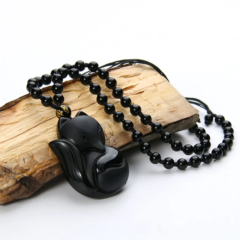 Женское колье ручной работы с подвеской в виде лисы|obsidian pendant|lucky pendantobsidian necklace |
