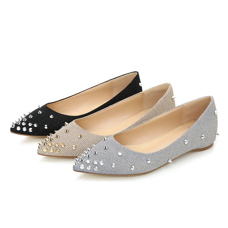 

New Fashion rivets women flats shoes Sexy Pointed toe women low heels shoes lady party casual pu wedding flat shoes bling women