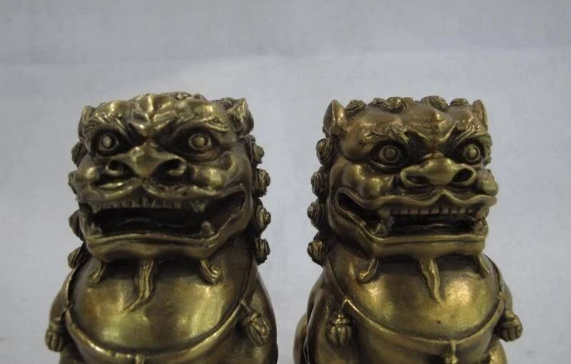 Tibet classical brass copper carved foo dog lion beast fengshui figurine Statue | Дом и сад