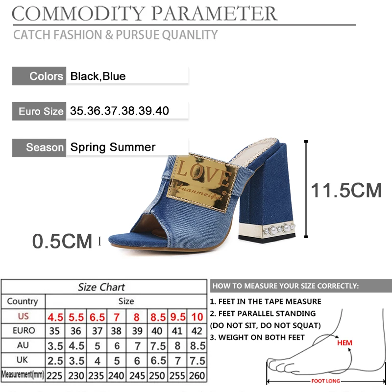 BYQDY Women Sandals Designer Denim Peep Toe High Heels Open Pearl Thick Heel Mules Sides Pumps Valentine Love Shoes | Обувь