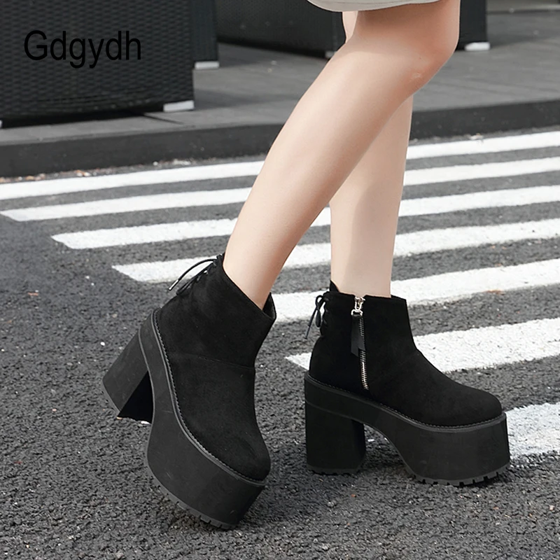 Gdgydh Fashion Thick Heels Black Boots Women Heel Ankle Platform Brand Designer Flock Ladies Shoes For Party Footwear | Обувь