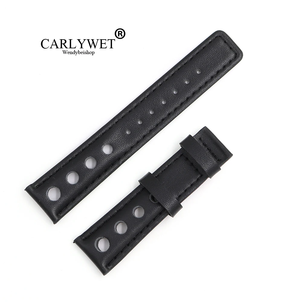 

CARLYWET 20mm Real Calf Leather Handmade Black with Black Stitches Wrist Watch Band Strap Belt Without Clasp For T91 PRS516