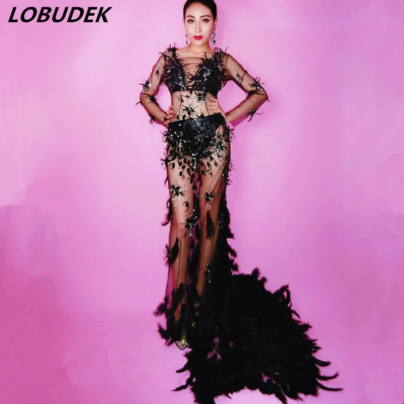Блестящее длинное платье с кристаллами черное сексуальное перьями и хвостом для