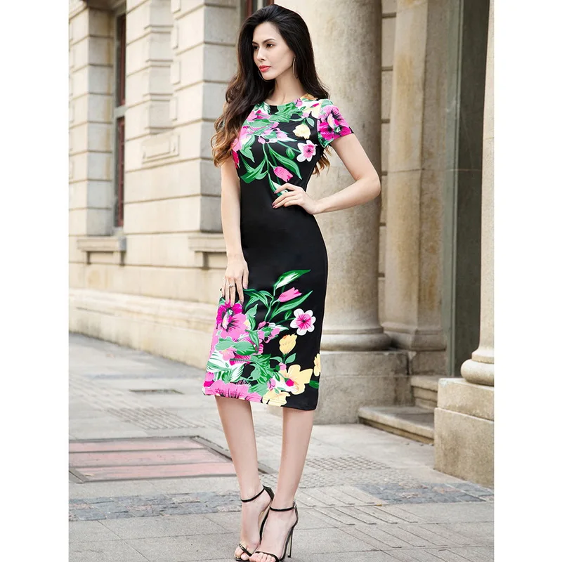 Летние Для женщин Винтаж платье Оболочка Bodycon по колено с цветочным принтом