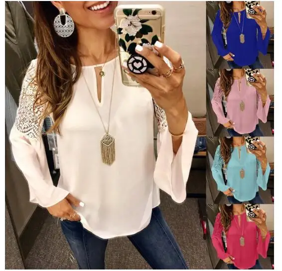 5XL Женские шифоновые блузки кружево лоскутное с расклешенными рукавами Blusas