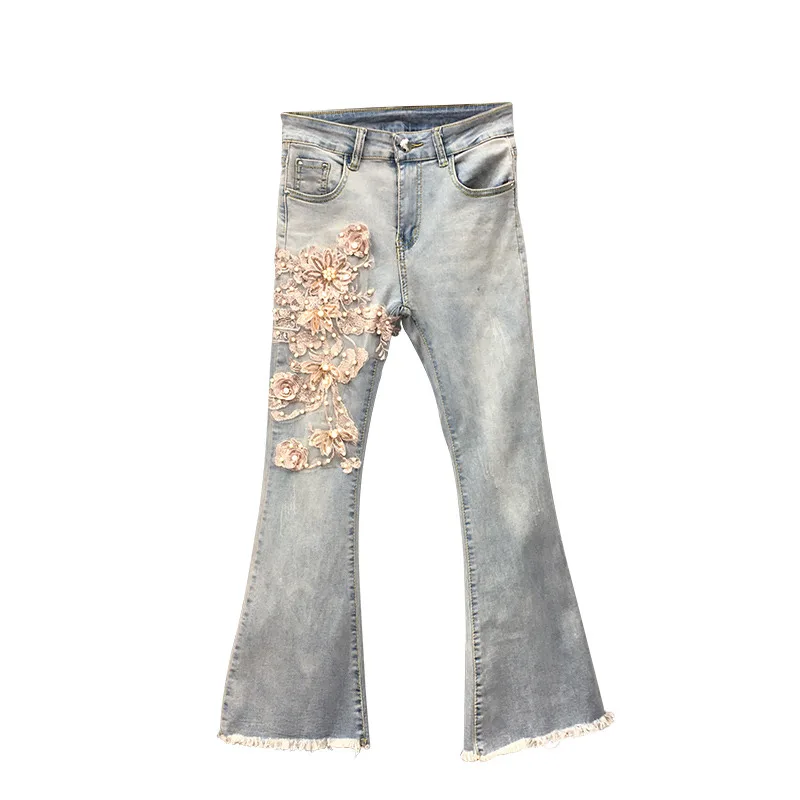 Женские джинсы с кисточками эластичные высокой талией и цветочной вышивкой |