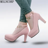 plus size 34 44 women thick high heel shoes sexy women metal chain crystal platform heels pumps ladies office daily work dress