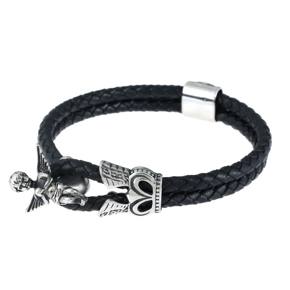 Genuine Leather Bracelet Men Angel Wings Stainless steel Bracelets | Украшения и аксессуары