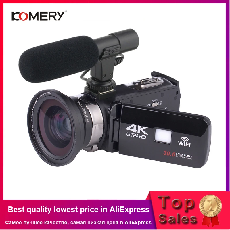 KOMERY 4K видеокамера, видеокамера, Wi-Fi, ночное видение, 3,0 дюймов, сенсорный ЖК-экран, покадровая фотография, камера для фотосъемки с Micr